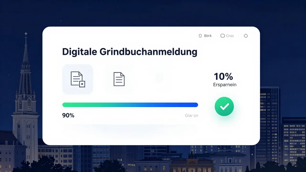 Digitale Anmeldung für Grundbuchkosten mit 10% Ersparnis, modernes Interface mit Dokumenten-Upload, Österreichische Städte im Hintergrund