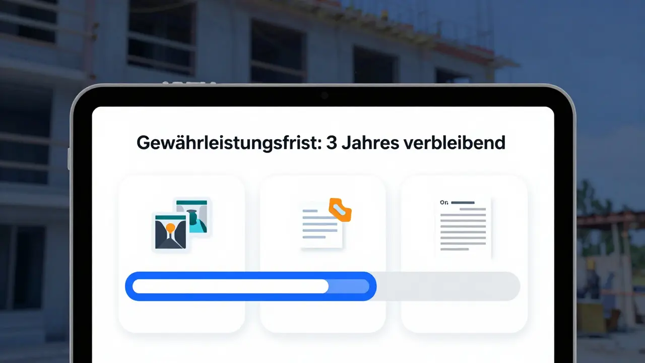 Digitale App zeigt die verbleibende Gewährleistungsfrist mit Dokumenten- und Foto-Icons an.