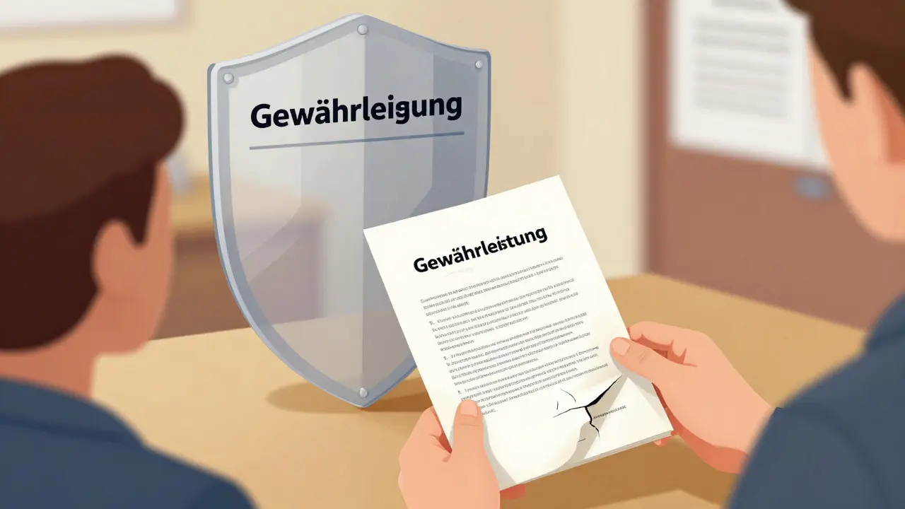 Ein Handwerker gibt eine Garantieurkunde, während ein rechtlicher Schutzschild daneben steht.