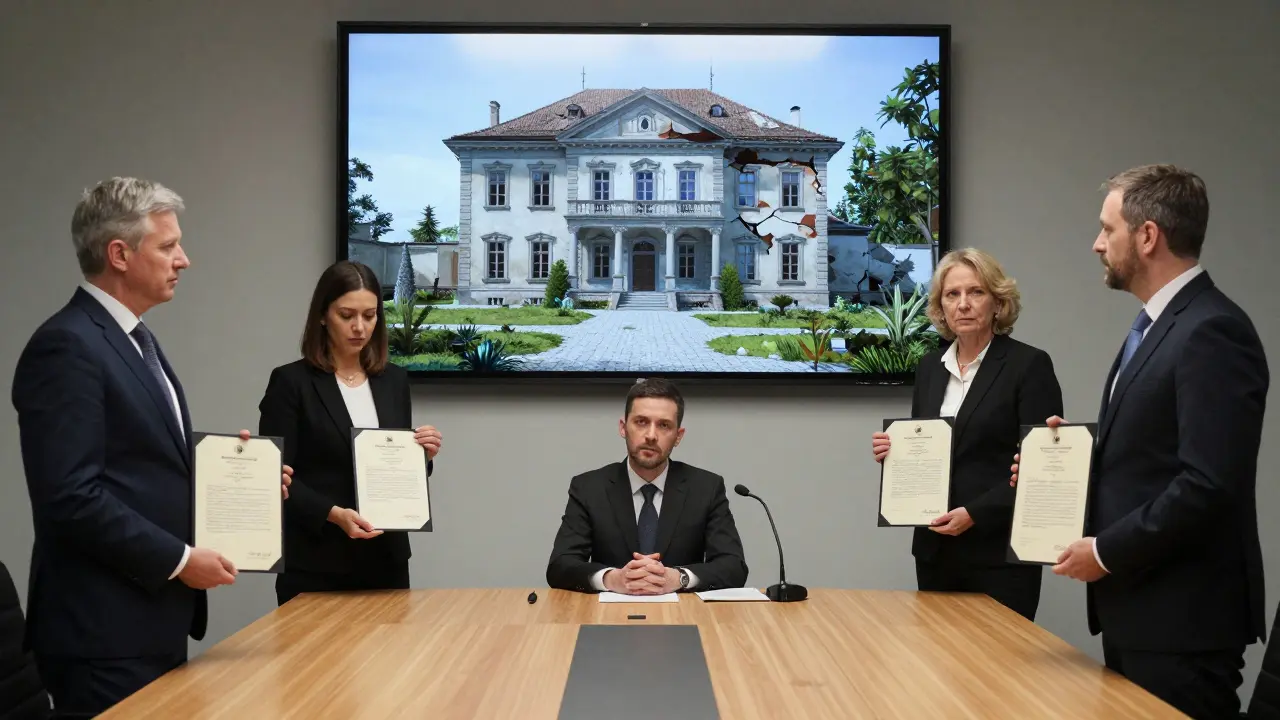 Ein österreichisches Gerichtsverfahren zur Erbengemeinschaft, mit drei Erben, einem Mediator und einem Projektionsscreen eines verfallenen Hauses.