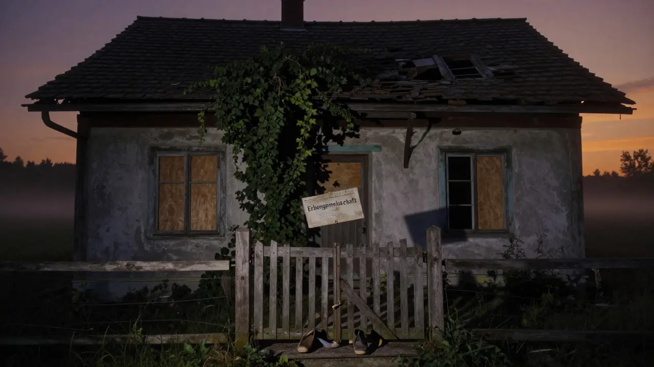 Ein verlassenes österreichisches Bauernhaus am Abend, mit verwittertem Schild und einer einzelnen Schuhpaar auf der Veranda.