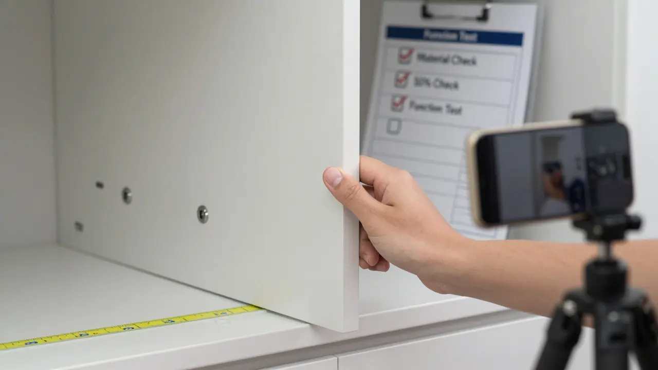 Eine Tür wird auf Bewegung getestet, während ein Smartphone den Vorgang dokumentiert und eine Wasserwaage Fehlausrichtung zeigt.