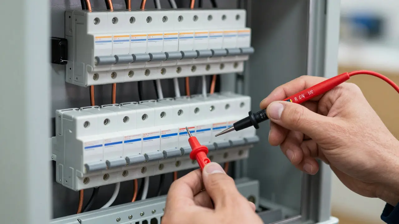 Elektriker prüft mit Messgerät einen geöffneten Sicherungskasten bei einer Sicherheitskontrolle.