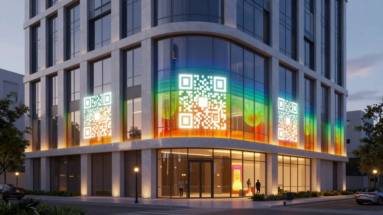 Gebäudefassade mit leuchtenden QR-Codes zur Qualitätssicherung von Fensterdichtungen.