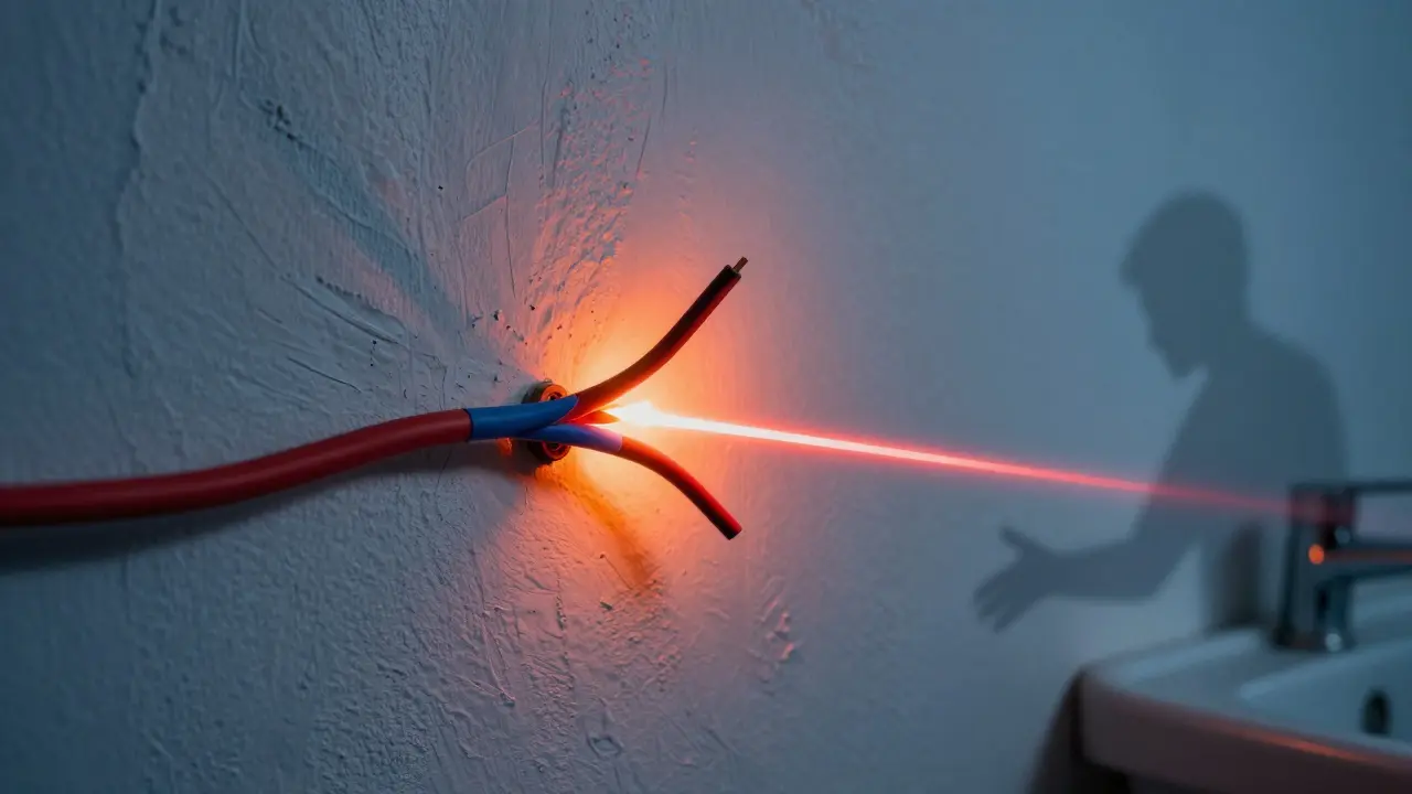 Gefährliche Fehlverkabelung hinter einer Wand: falsche Kabelfarben und falsche Verbindung zwischen Neutral- und Schutzleiter.