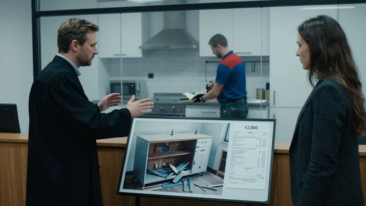 Gerichtssaal mit Fotoanzeige einer entfernten Küche und Rechnung über Schadensersatz von 2.800 Euro.