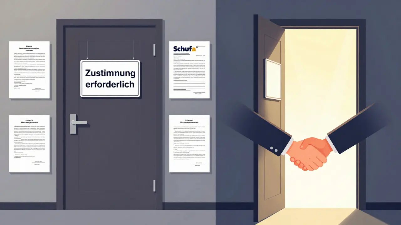 Geschlossene Tür mit rechtlichem Hinweis gegenüber geöffneter Tür mit Handshake – Symbol für Zustimmung.