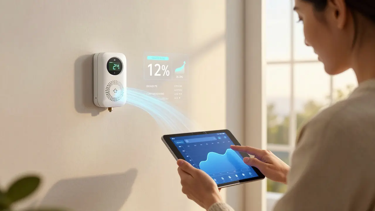 Hausbesitzer passt intelligente Heizkurve mit Tablet an, Energiespardaten sichtbar