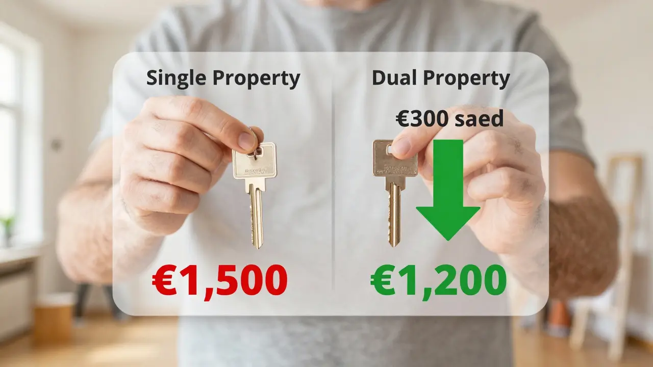 Homeowner holding two keys with cost comparison overlay showing €300 savings on dual property purchase.