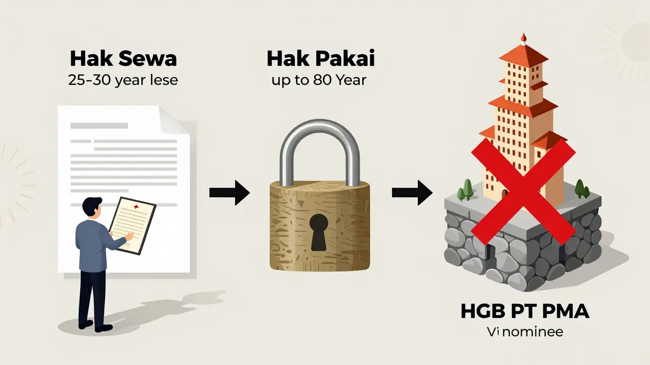 Infographic comparing three legal investment pathways for foreigners in Bali: lease, usage right, and HGB via PT PMA.