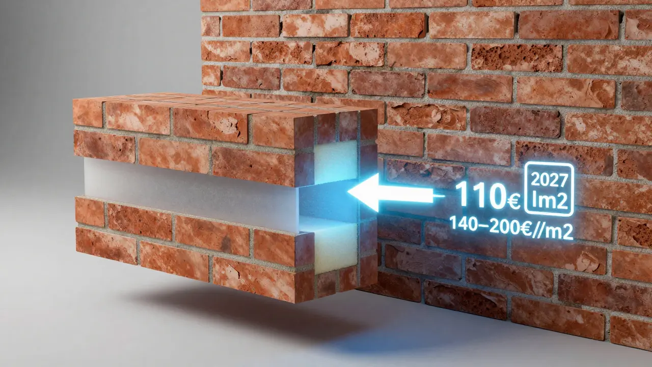 Innovatives Ziegelriemchen-System mit integrierter Dämmung im Querschnitt, neben traditioneller Mauer.