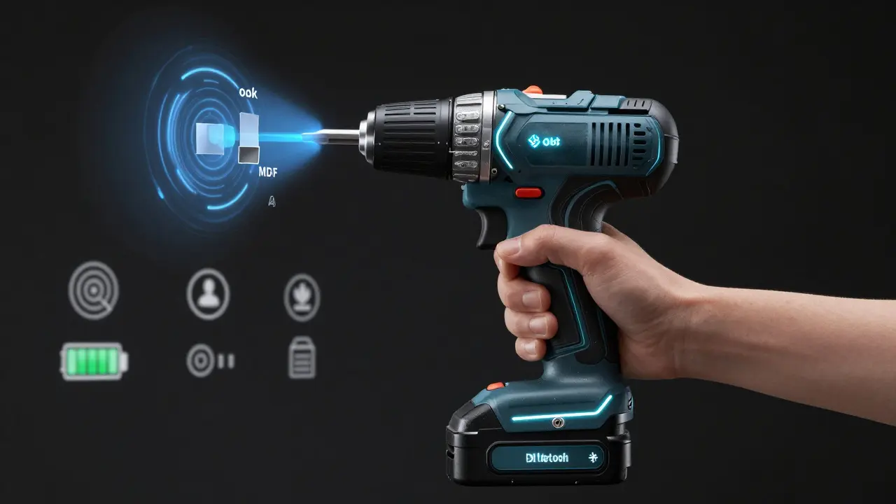 Intelligenter Akkuschrauber mit holografischer Anzeige, der Material und optimalen Drehmoment vorschlägt.