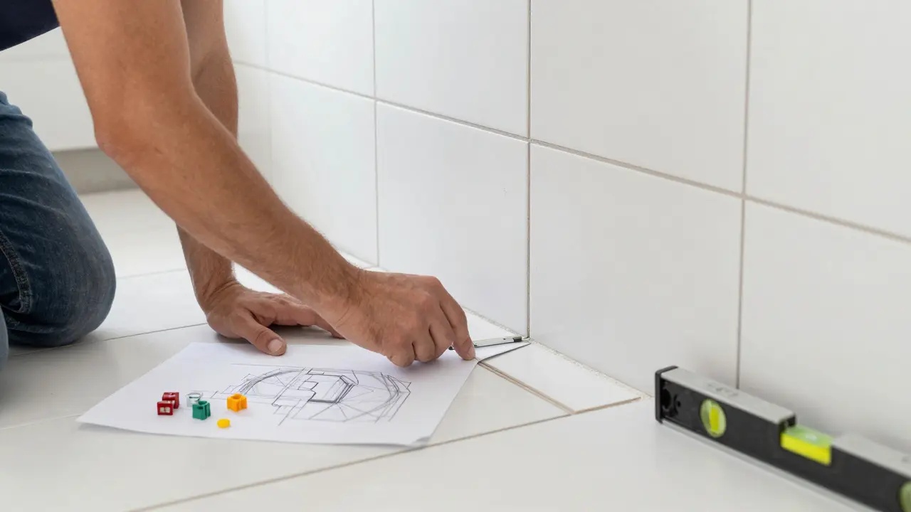 Jemand überprüft die Fugenbreite bei Fliesenarbeit mit Abstandhaltern und vergleicht sie mit einer Skizze.