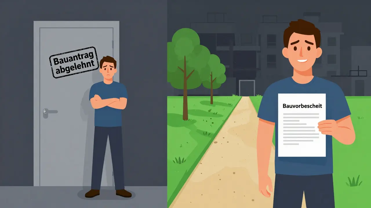 Kontrastierende Szenen: ein abgelehnter Bauantrag links, ein genehmigter Bauvorbescheid rechts mit klarer Baustelle.