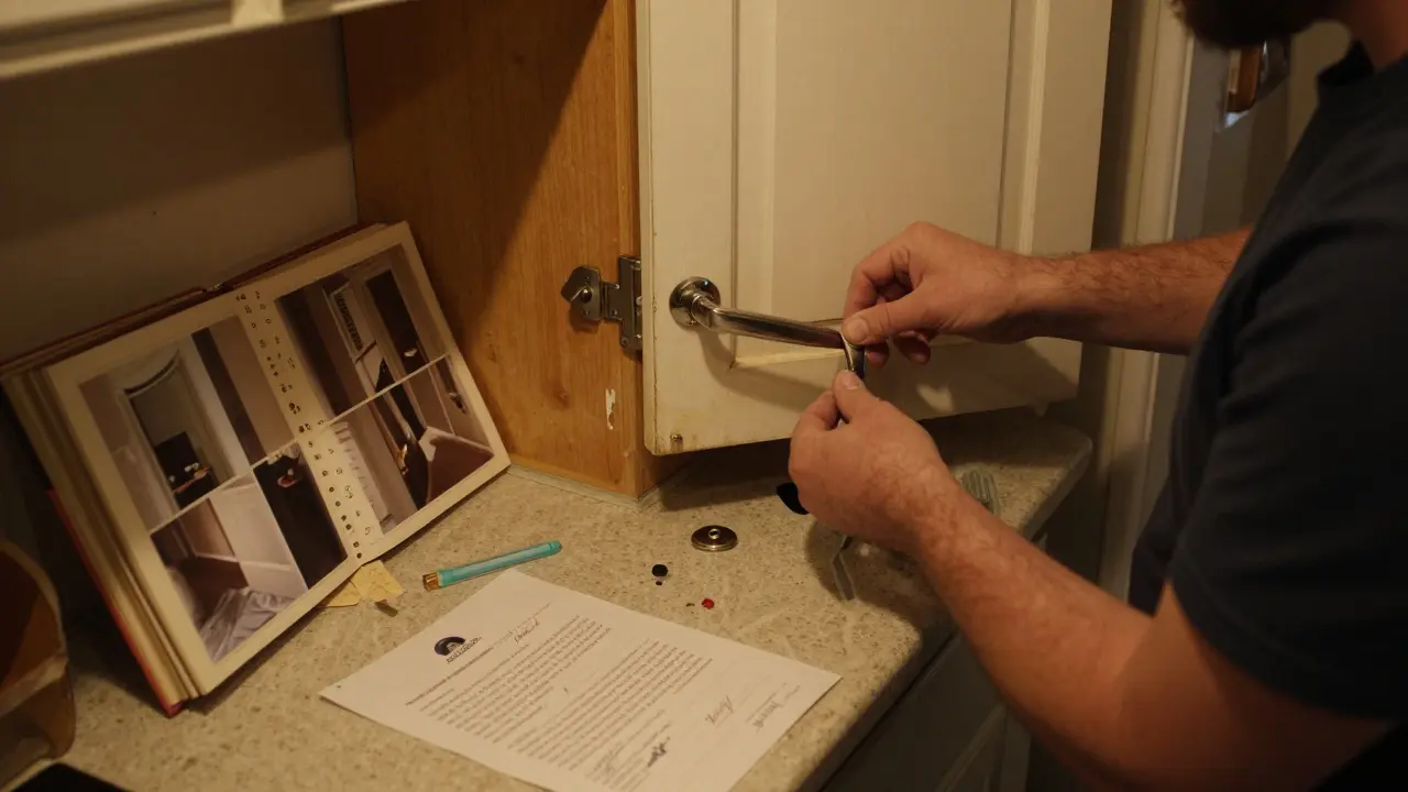 Mieter tauscht Küchengriffe aus, während ein schriftlicher Genehmigungsbrief auf dem Tisch liegt.