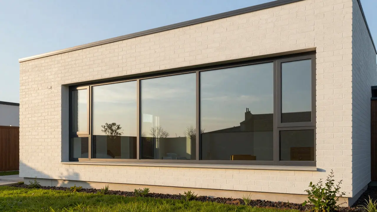 Modernes Haus mit nahtloser Fensterintegration in die Außenwandoberfläche.