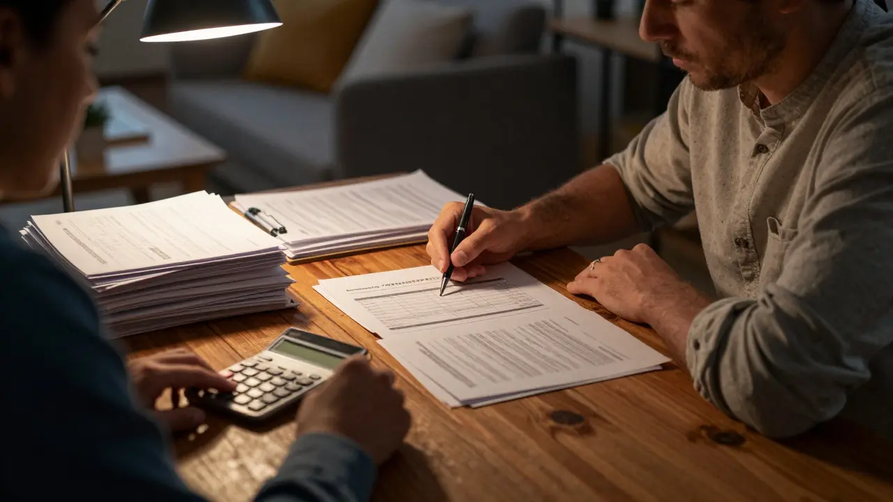 Paar plant Finanzierung am Tisch mit Dokumenten.