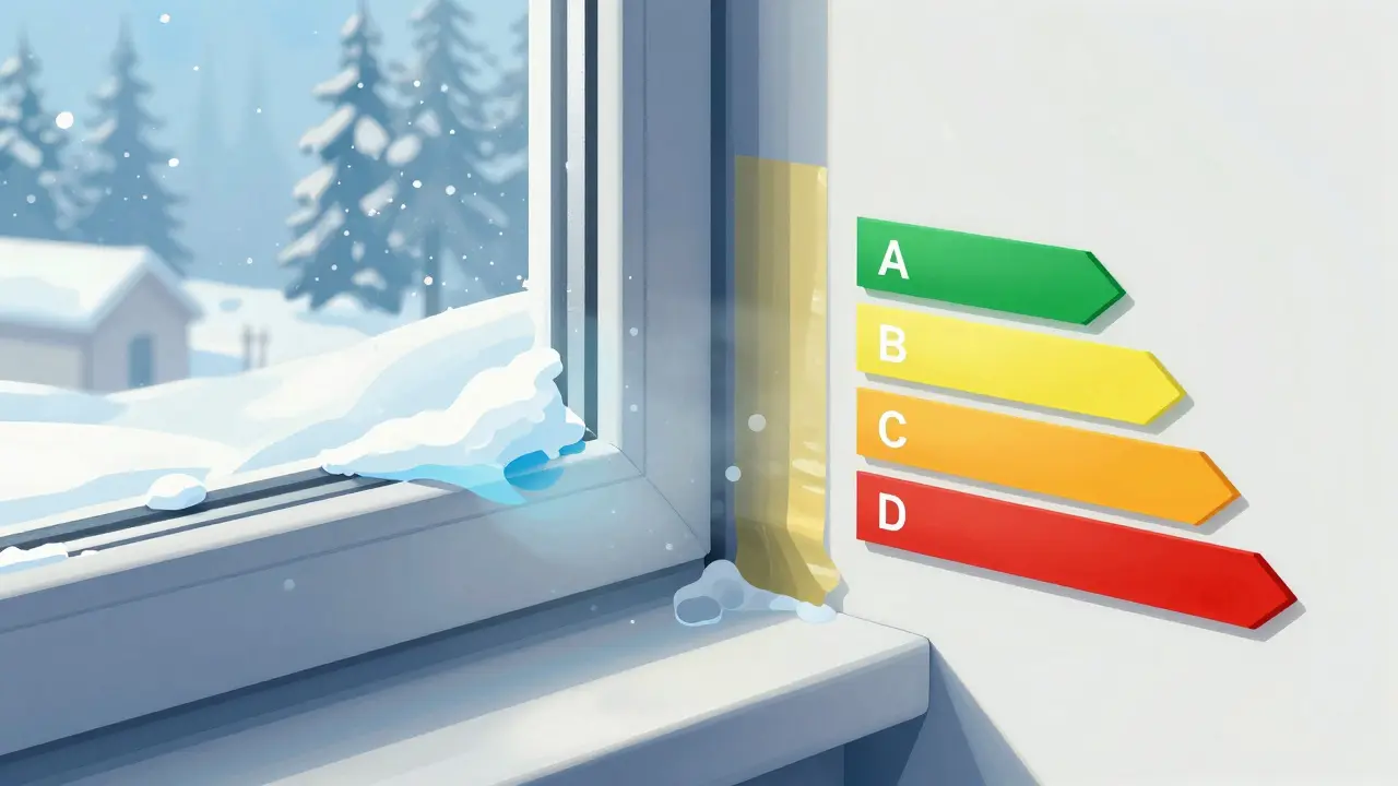 Querschnitt eines Fensteranschlusses: richtig abgedichtet vs. undicht mit Wärmeverlust.