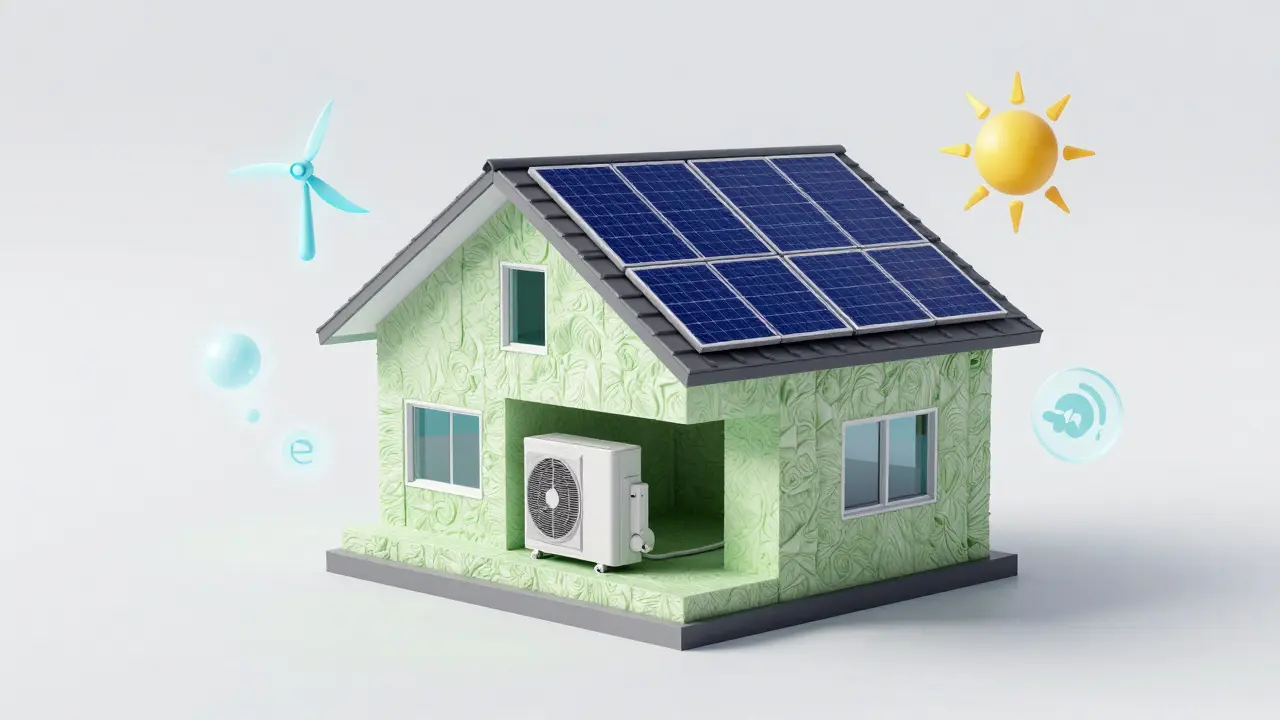 Schnittmodell eines energieeffizienten Hauses mit Technik.
