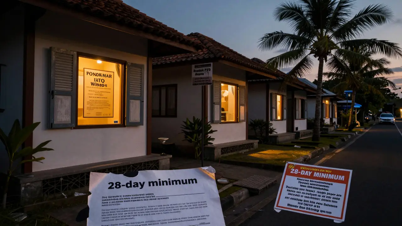Shuttered Airbnb villas in Canggu at dusk beside one licensed Pondok Wisata property with legal permit visible.