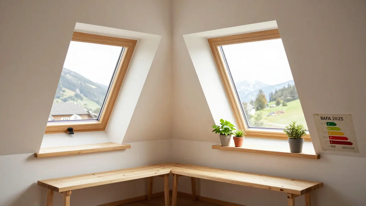 Sonnenlicht flutet ein gemütliches Dachgeschoss mit zwei modernen Dachfenstern in einem österreichischen Haus.