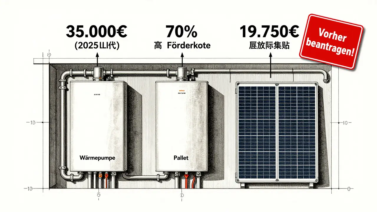 Technical blueprint of a heating system with key subsidy figures and a warning label in vintage engineering style.