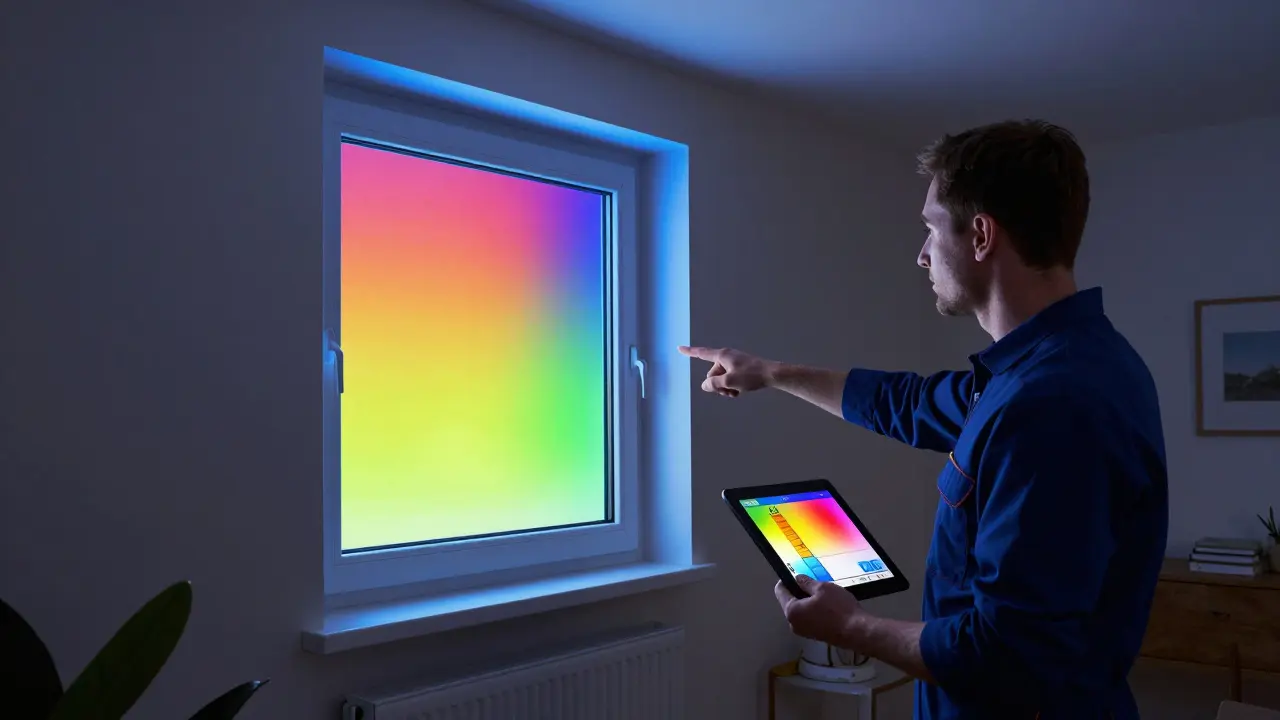 Thermografie zeigt eine Wärmebrücke am Fensterrahmen eines modernen Hauses.