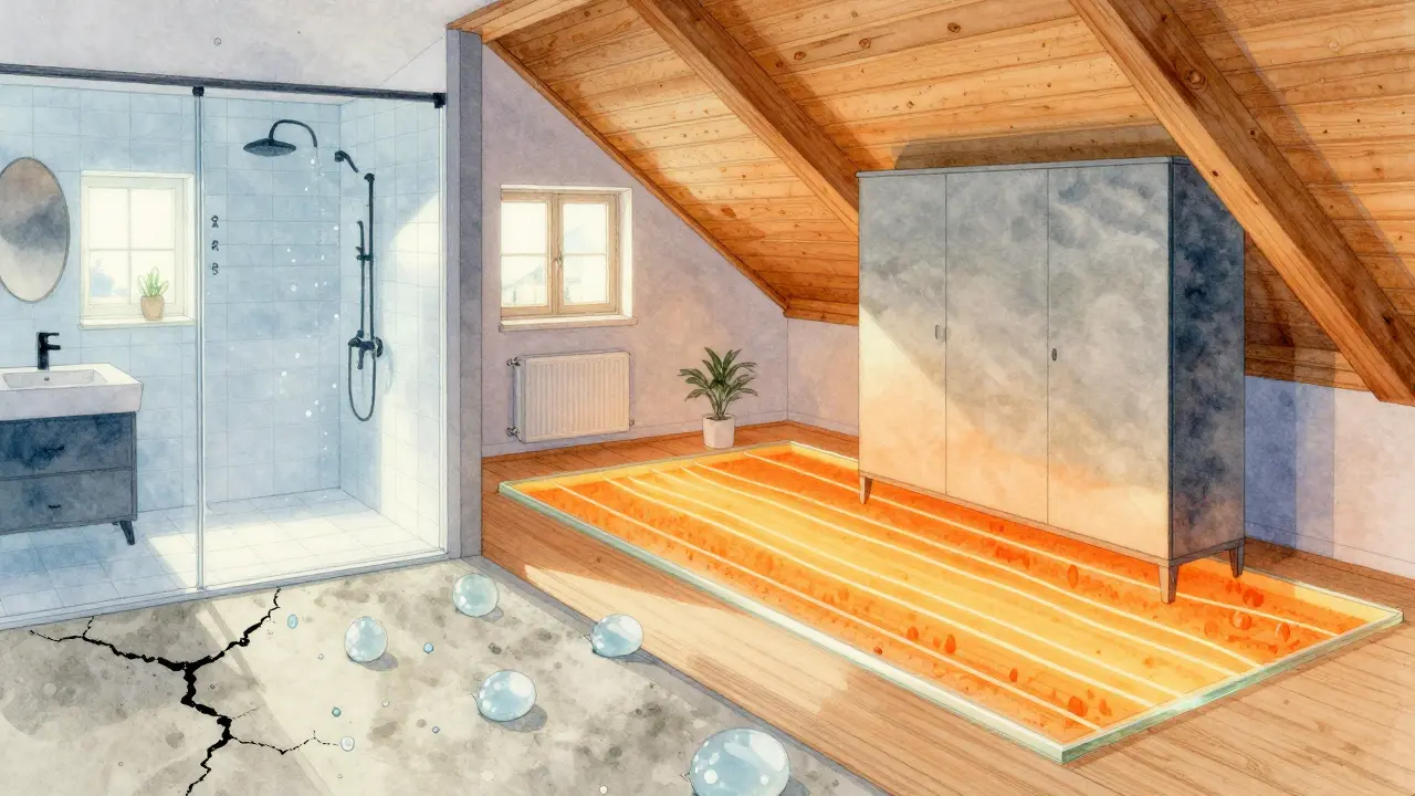 Transparenter Boden mit Wärmeflüssen im Anhydritestrich, daneben feuchtschadensbedingte Risse im Zementestrich und Trockenestrich in einer Holzbalkendecke.