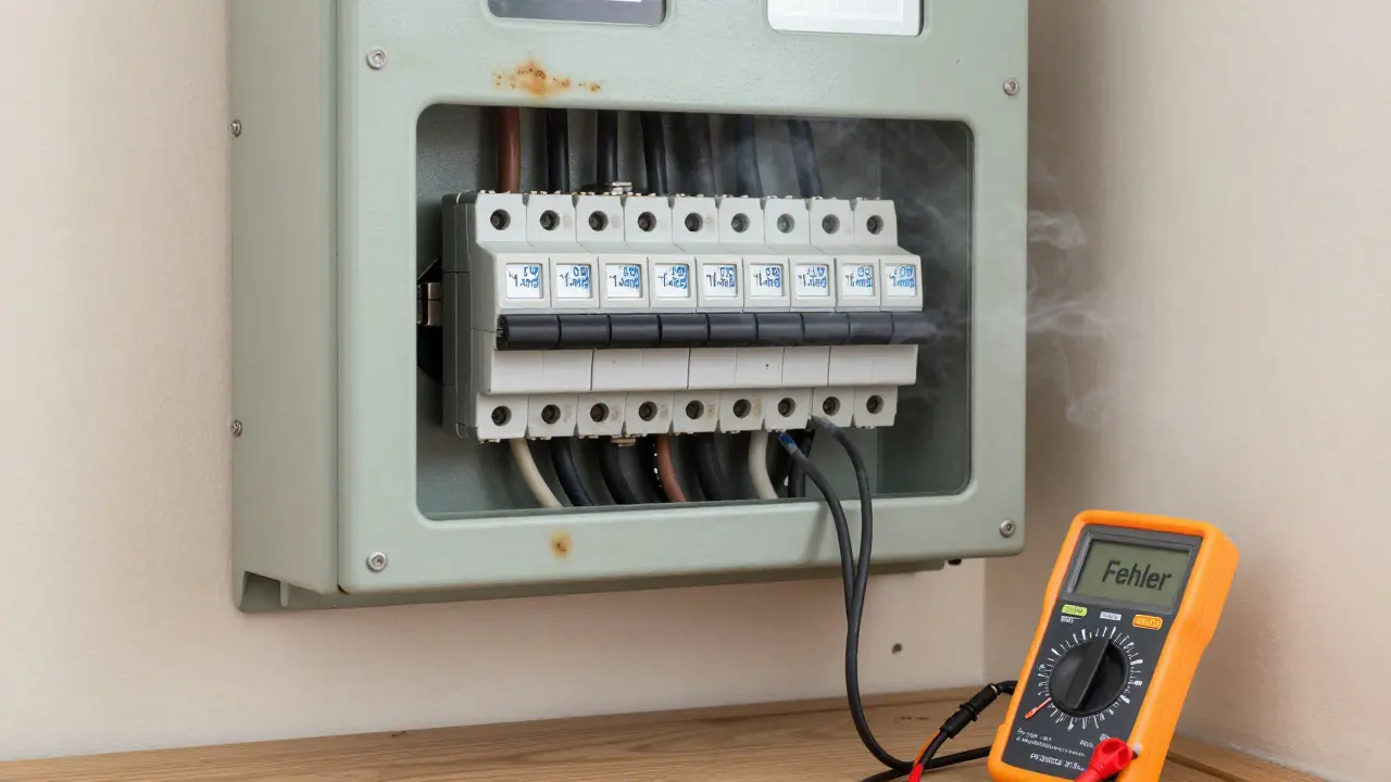 Veraltete Elektroinstallation mit losen Kabeln, ohne FI-Schalter und verbrannten Spuren an der Sicherungsbox.