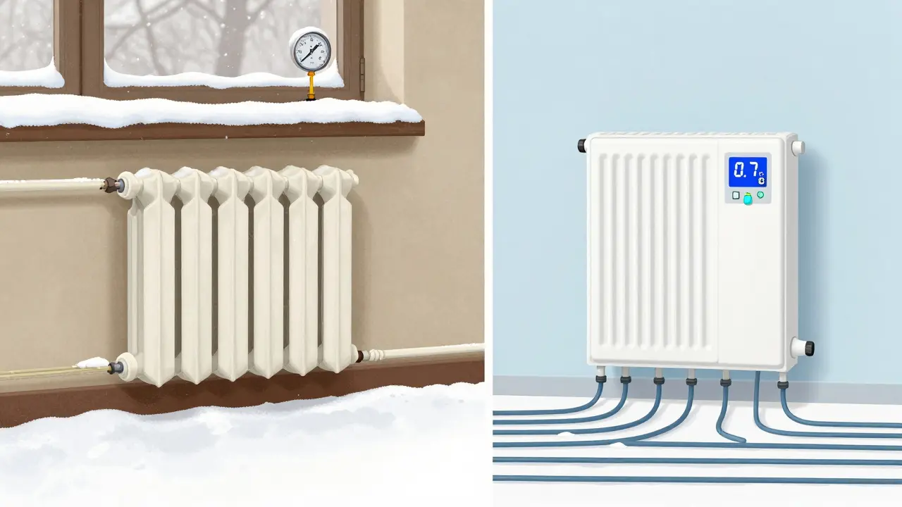 Vergleich eines alten und eines optimierten Heizsystems bei Schnee