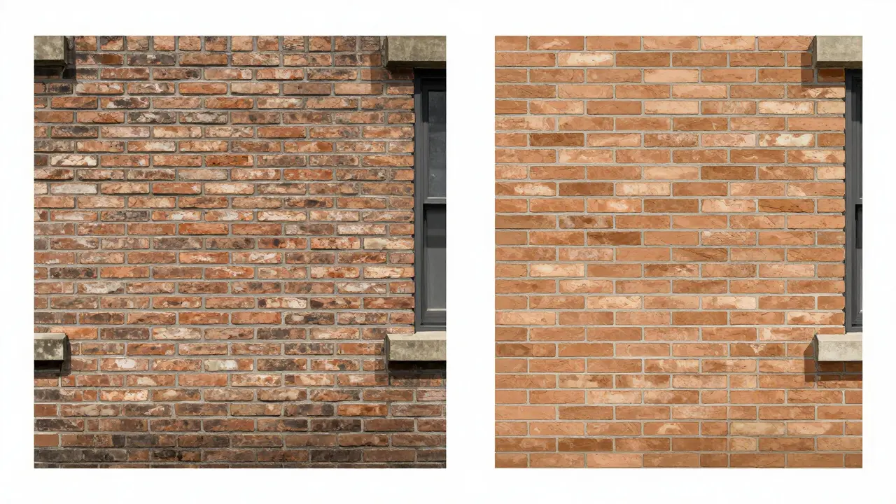 Vergleich zweier Fassaden: echte Klinker links, Ziegelriemchen rechts bei natürlichem Licht.