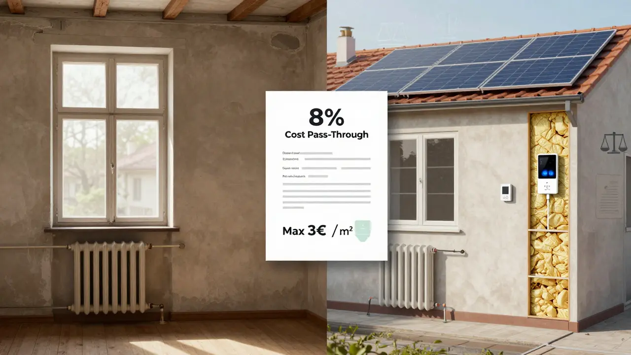 Vergleich zweier Wohnungen: alte, undichte Wohnung links, moderne, energieeffiziente Wohnung rechts mit rechtlichem Dokument dazwischen.