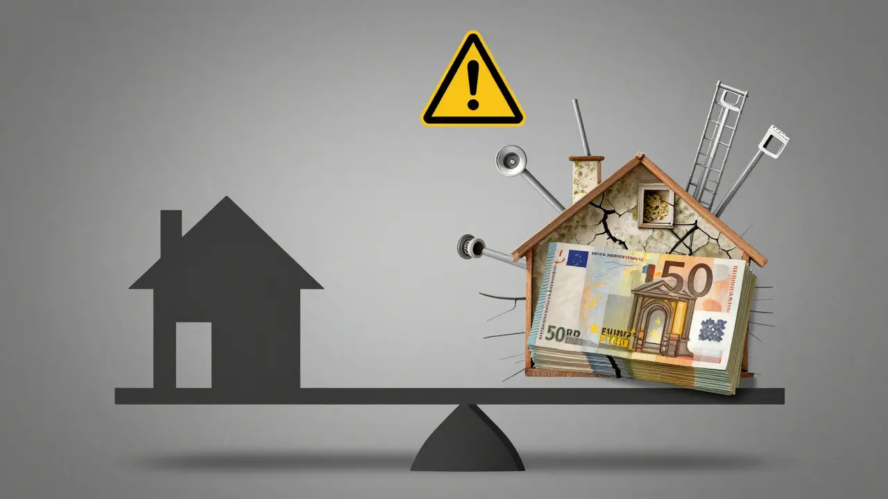 Waage mit Haus und versteckten Renovierungskosten wie Rohrbrüchen, Schimmel und Elektroleitungen.