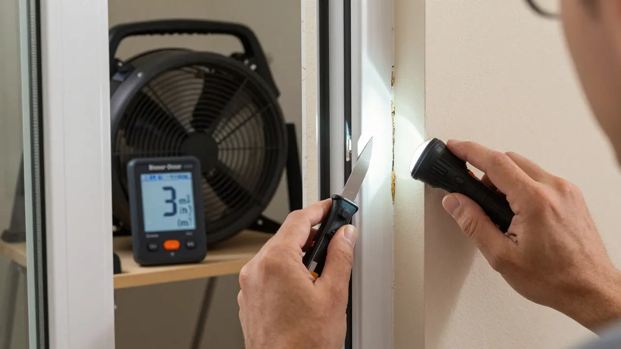 Werkzeuge zur Dämmungsprüfung: Feuchtigkeitsmessgerät, Taschenlampe und Messgerät für Luftdichtheit.