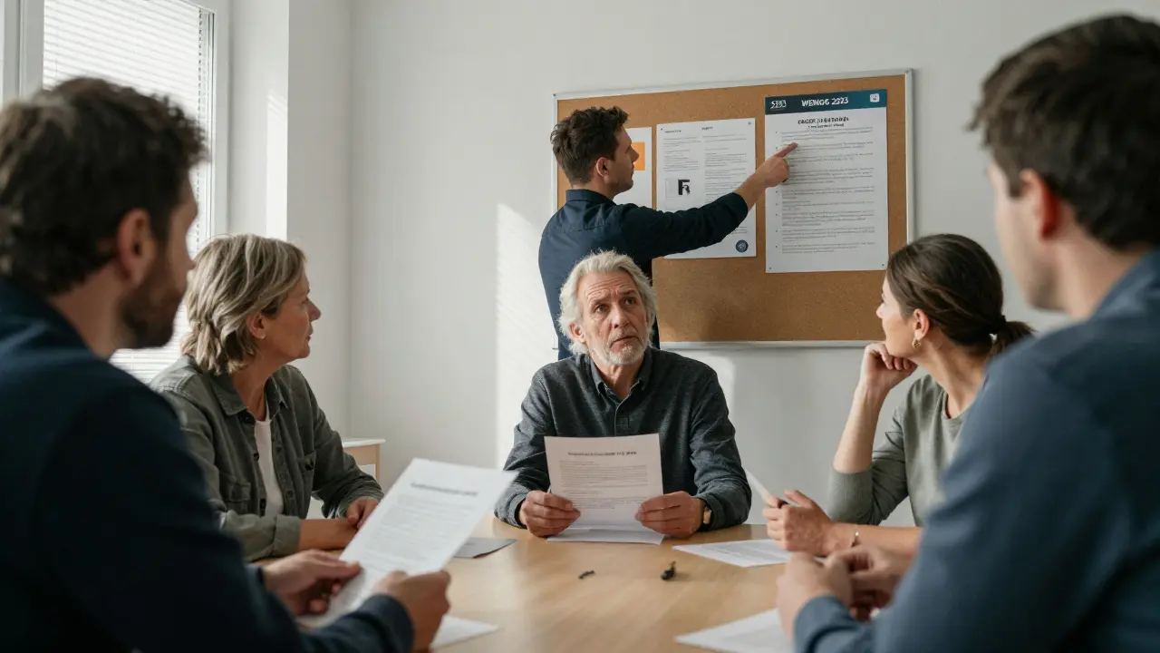 Wohnungseigentümer in einer Sitzung, diskutieren über den Zustimmungsvorbehalt nach §12 WEG.