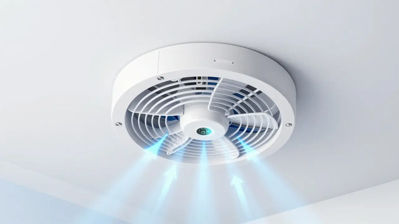 3D-Darstellung eines Badlüfters mit Nachlauffunktion und Luftstrom-Visualisierung.