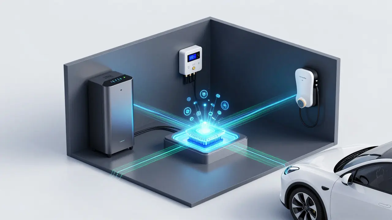 3D-Darstellung eines Smart Home Energie-Management-Systems mit Speicher und Wallbox.