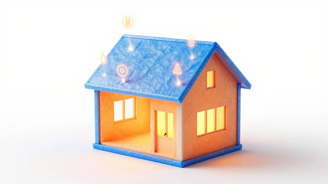 3D-Querschnitt eines Hauses, der die Wärmedämmung von Dach, Wänden und Fenstern zeigt.