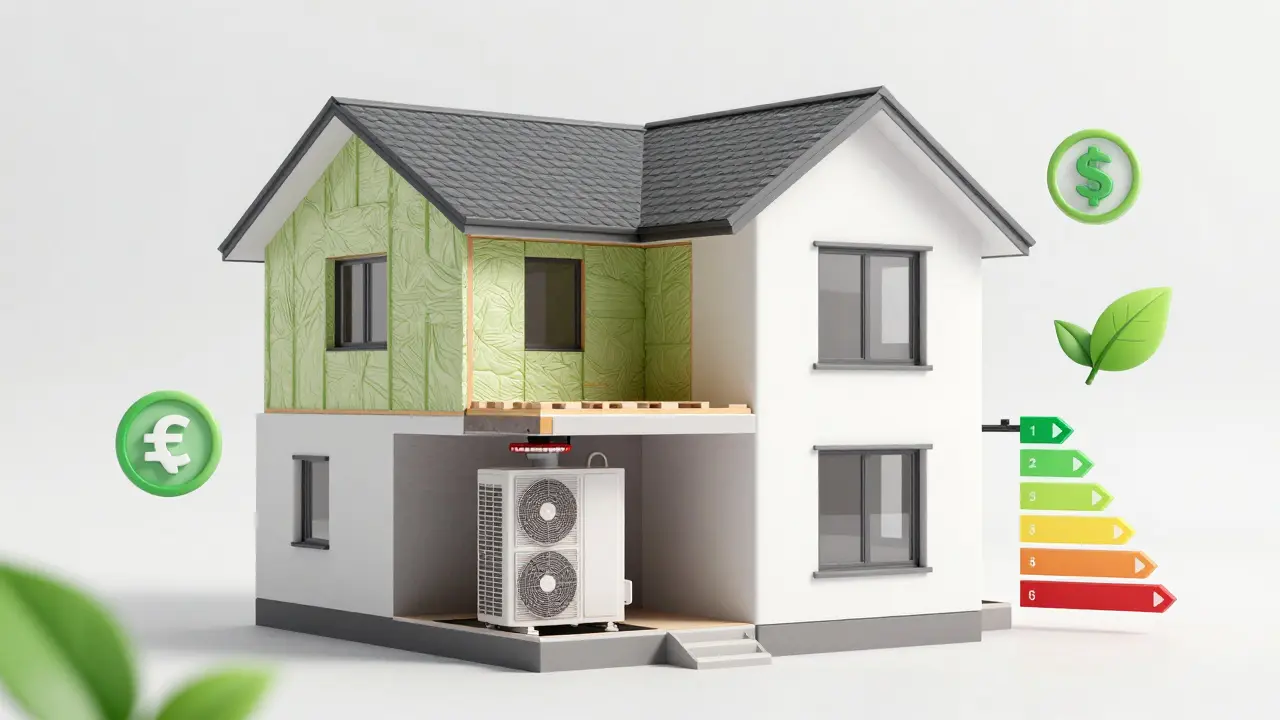 3D-Querschnitt eines Hauses mit Fokus auf energetische Sanierung