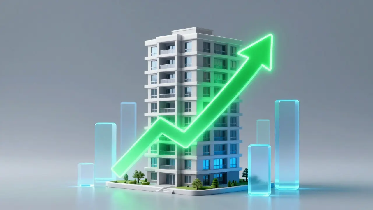 3D-Visualisierung eines nachhaltigen Gebäudes mit aufsteigenden Pfeilen für Steuervorteile