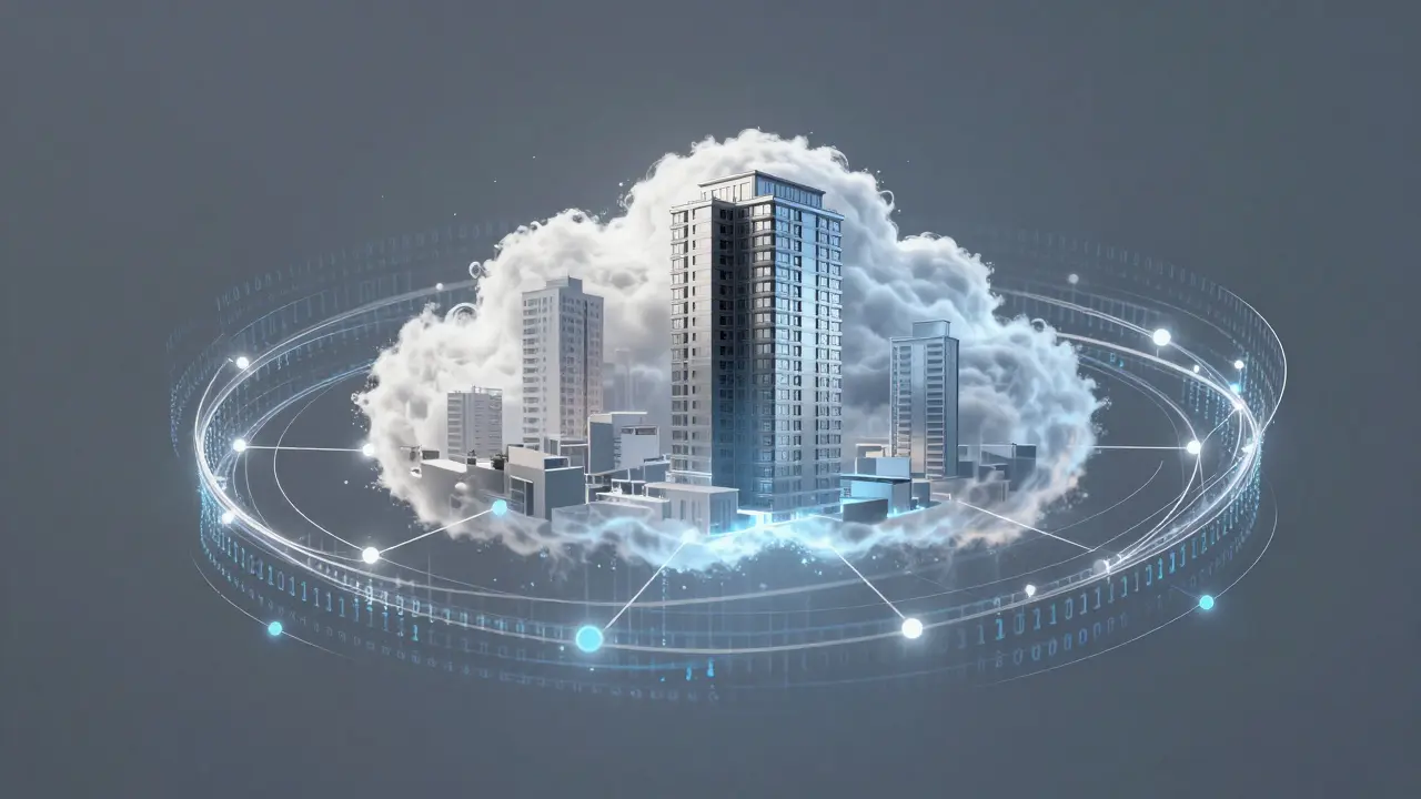 Abstrakte Darstellung von Cloud-Computing und Architekturdaten in blauem Neonlicht.