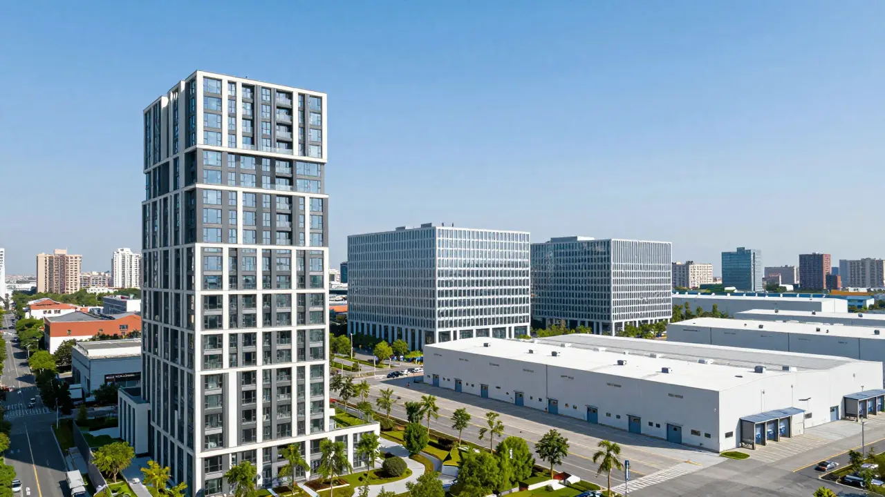 Collage aus einer Wohnanlage, einem Bürogebäude und einem Logistikzentrum zur Darstellung von Diversifikation.