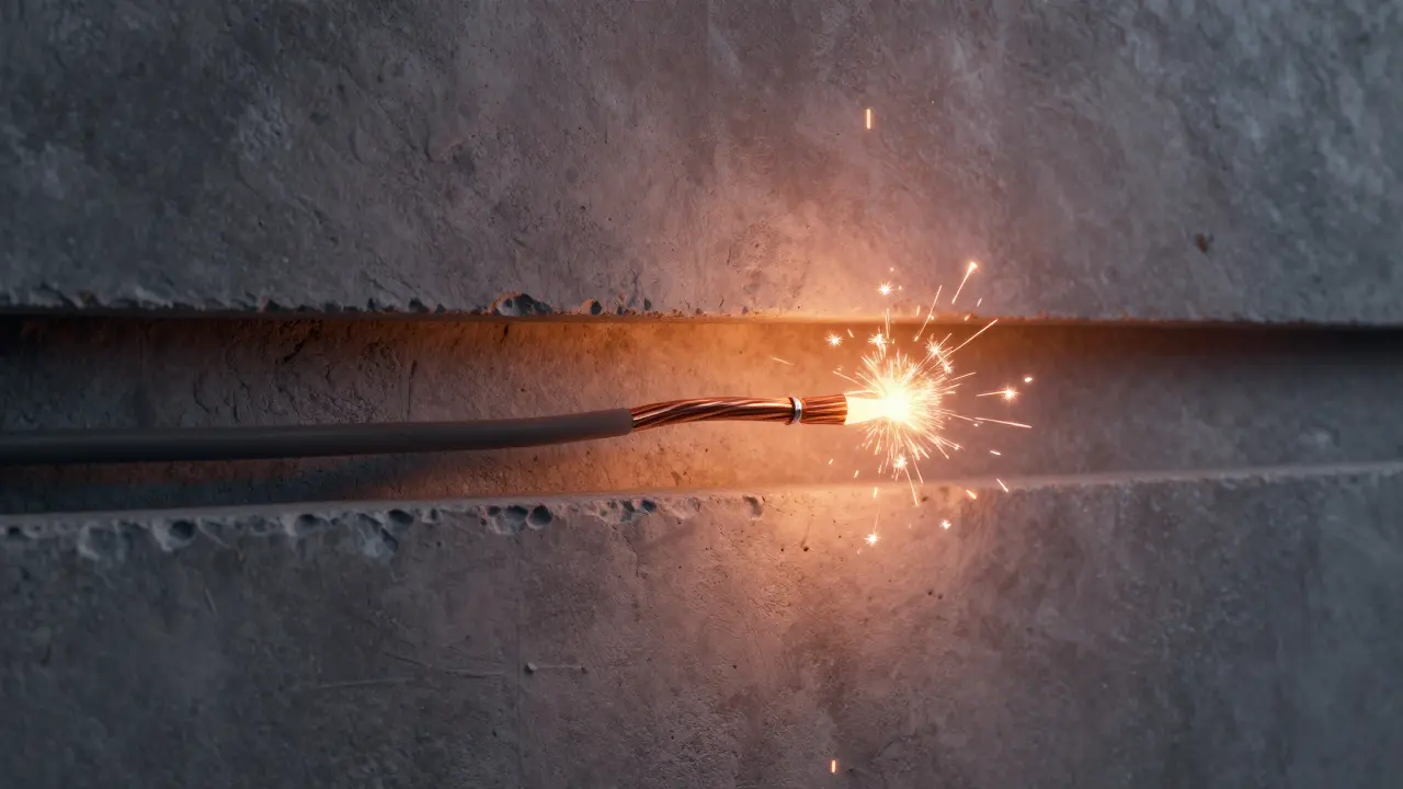 Conceptual Darstellung eines Schwelbrandes durch falsch verlegte elektrische Leitungen in einer Wand