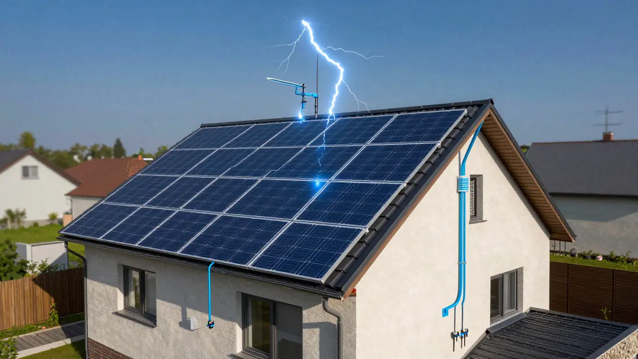 Darstellung eines kompletten Blitzschutzsystems an einem Haus mit PV-Anlage