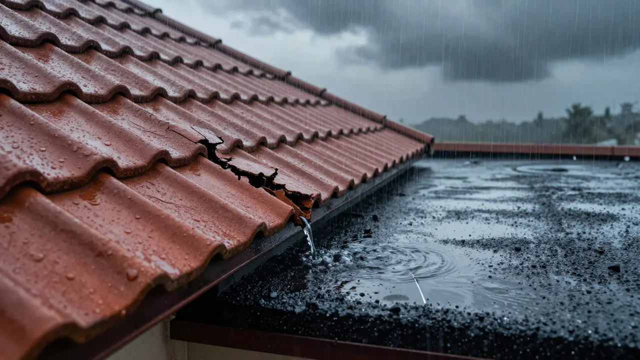 Defekter Dachziegel und Wasserpfütze auf einem Flachdach bei starkem Regen.