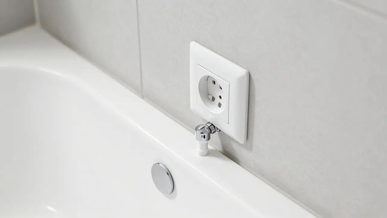 Detailansicht einer normgerechten Installation einer Steckdose im Sicherheitsabstand zur Badewanne