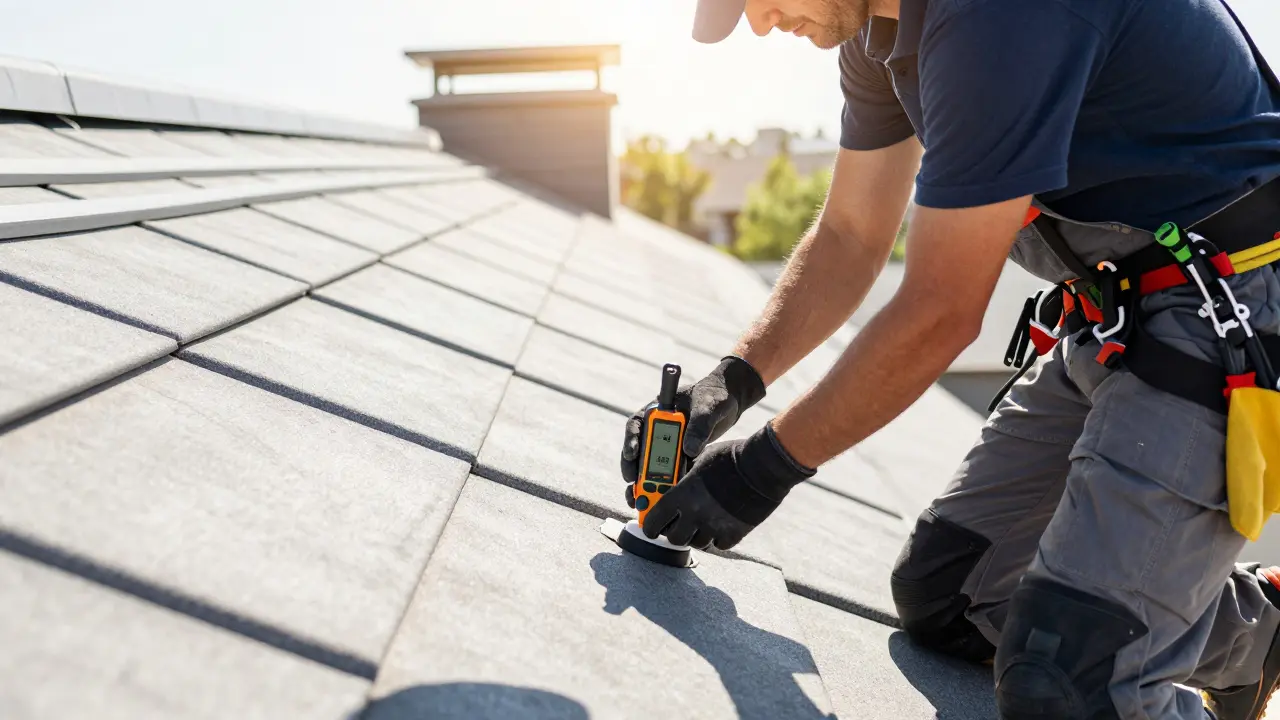 Ein Dachdecker prüft eine Dachabdichtung mit einem professionellen Feuchtigkeitsmessgerät.