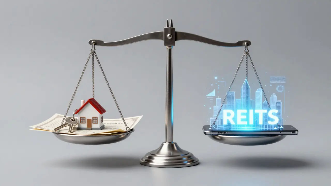 Eine Waage mit physischen Hausschlüsseln auf einer Seite und einer digitalen Stadtgrafik auf der anderen Seite.