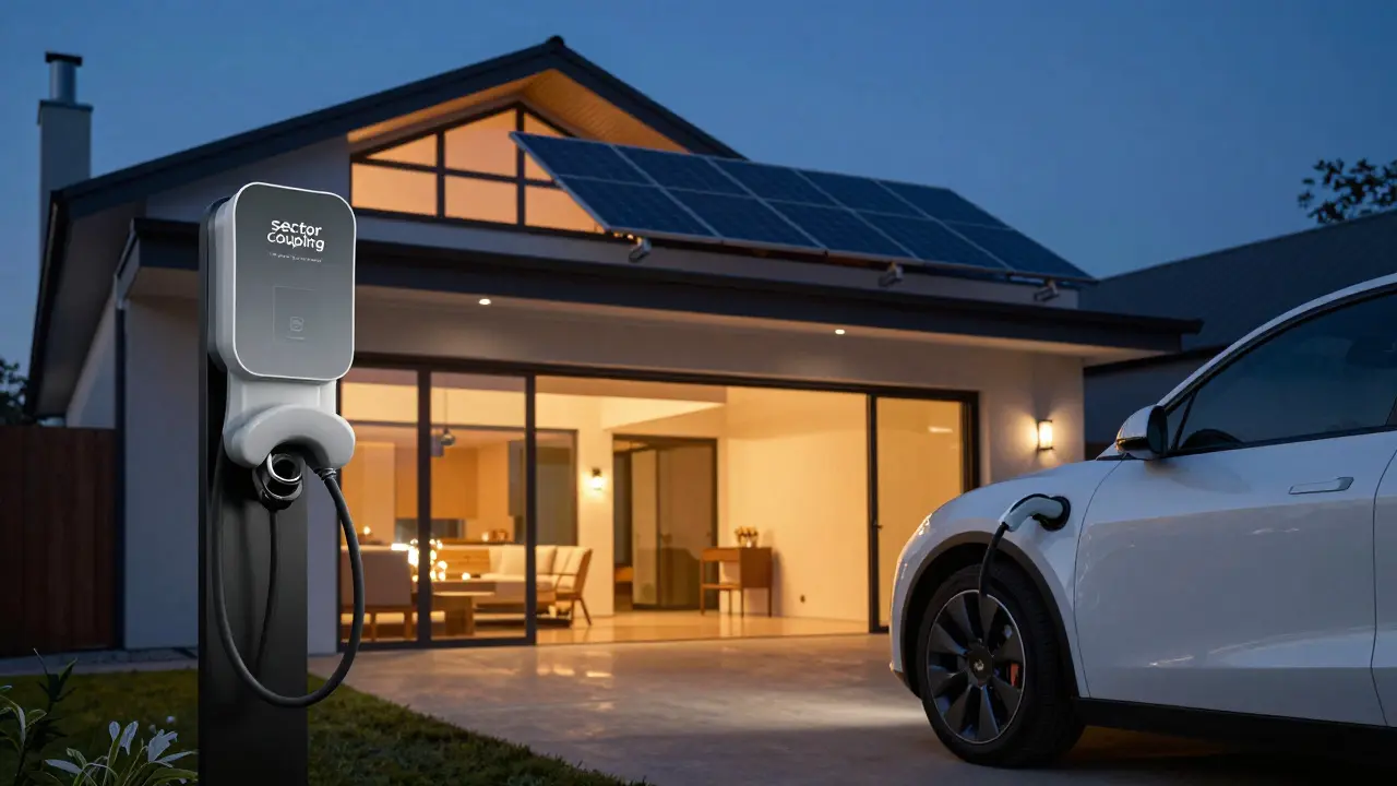 Elektroauto an einer Wallbox vor einem modern beleuchteten Haus während der Dämmerung.