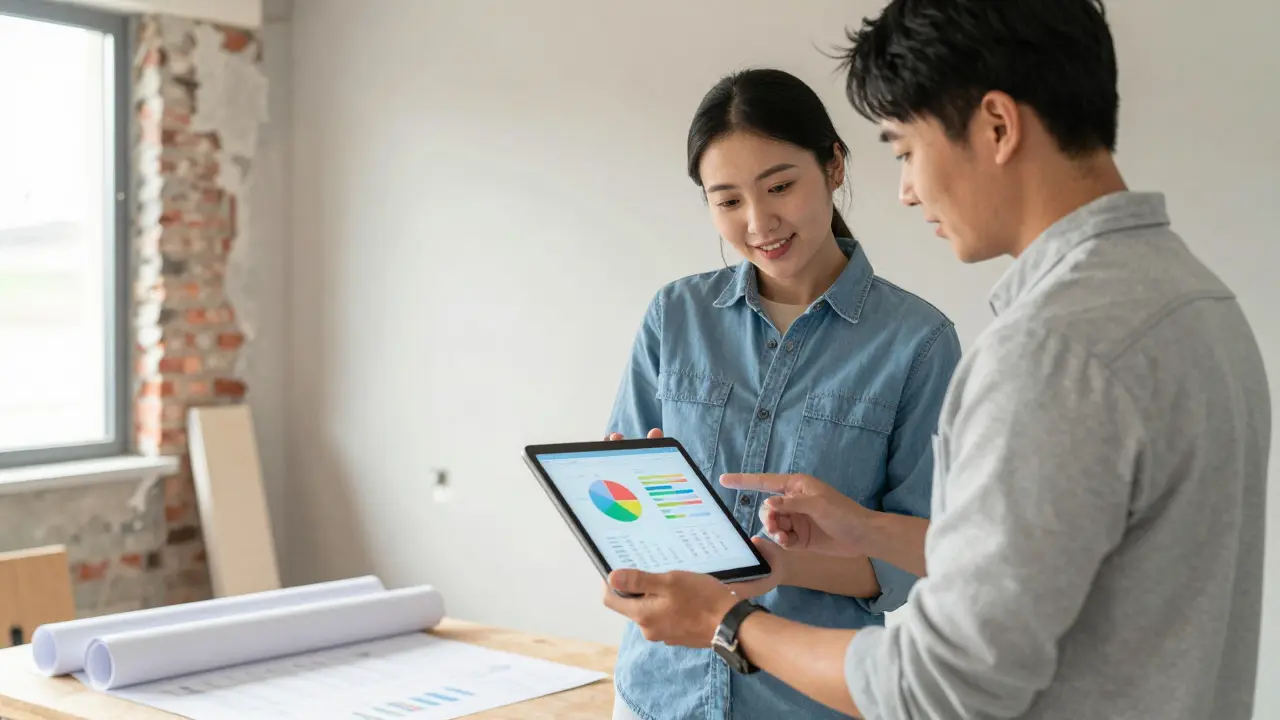 Energieberater und Hausbesitzer besprechen Sanierungsplan im Altbau